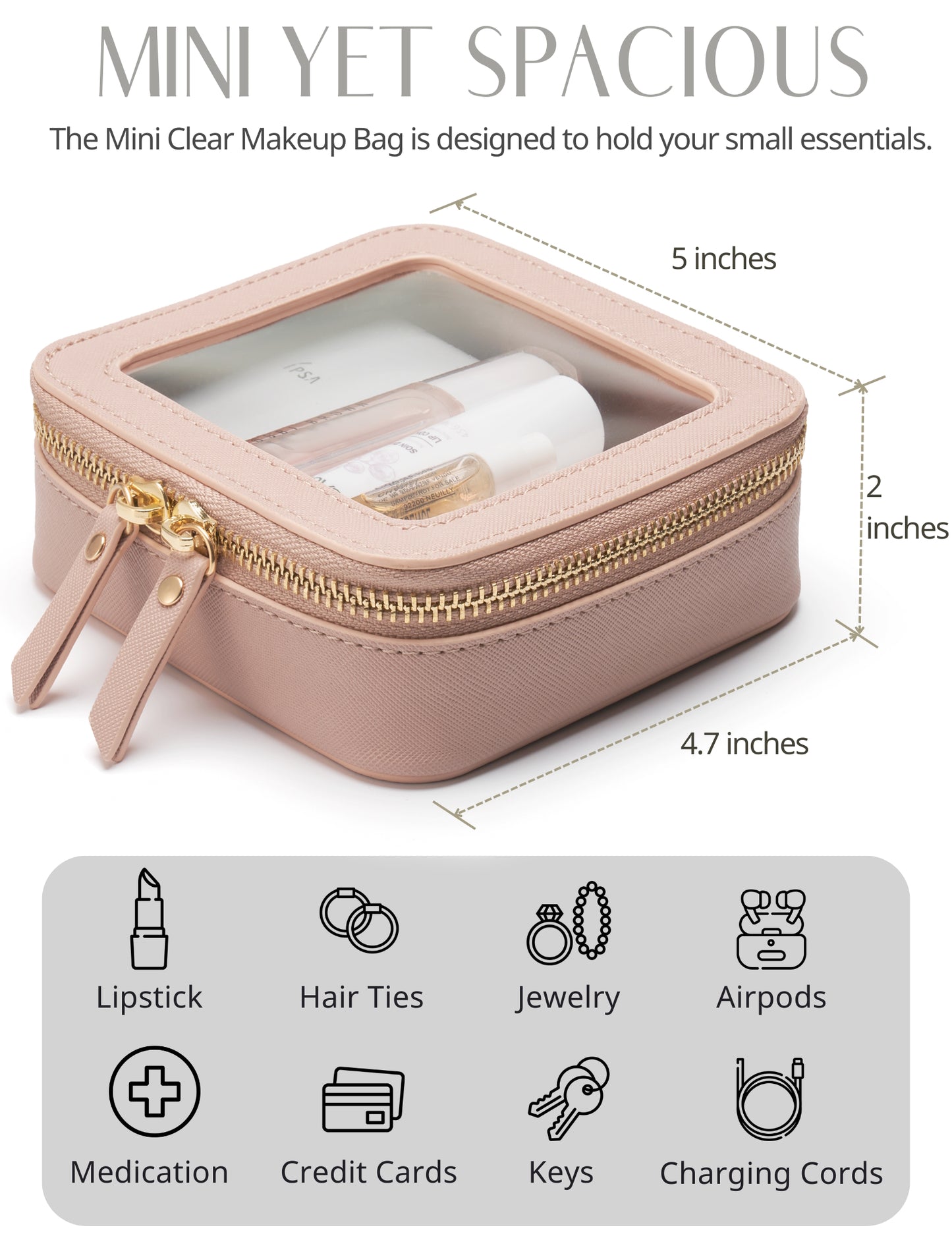Popvibe Clear Makeup Bag, Mini, Pink