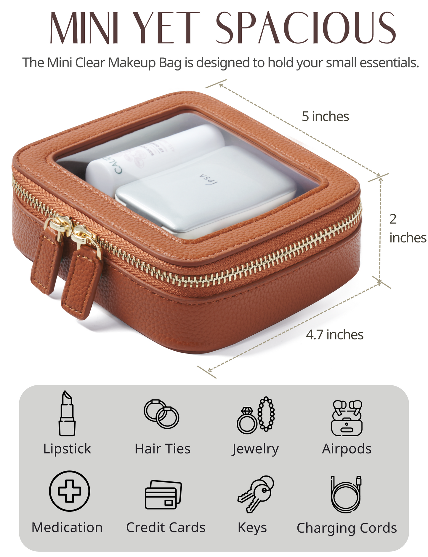 Popvibe Clear Makeup Bag, Mini, Brown