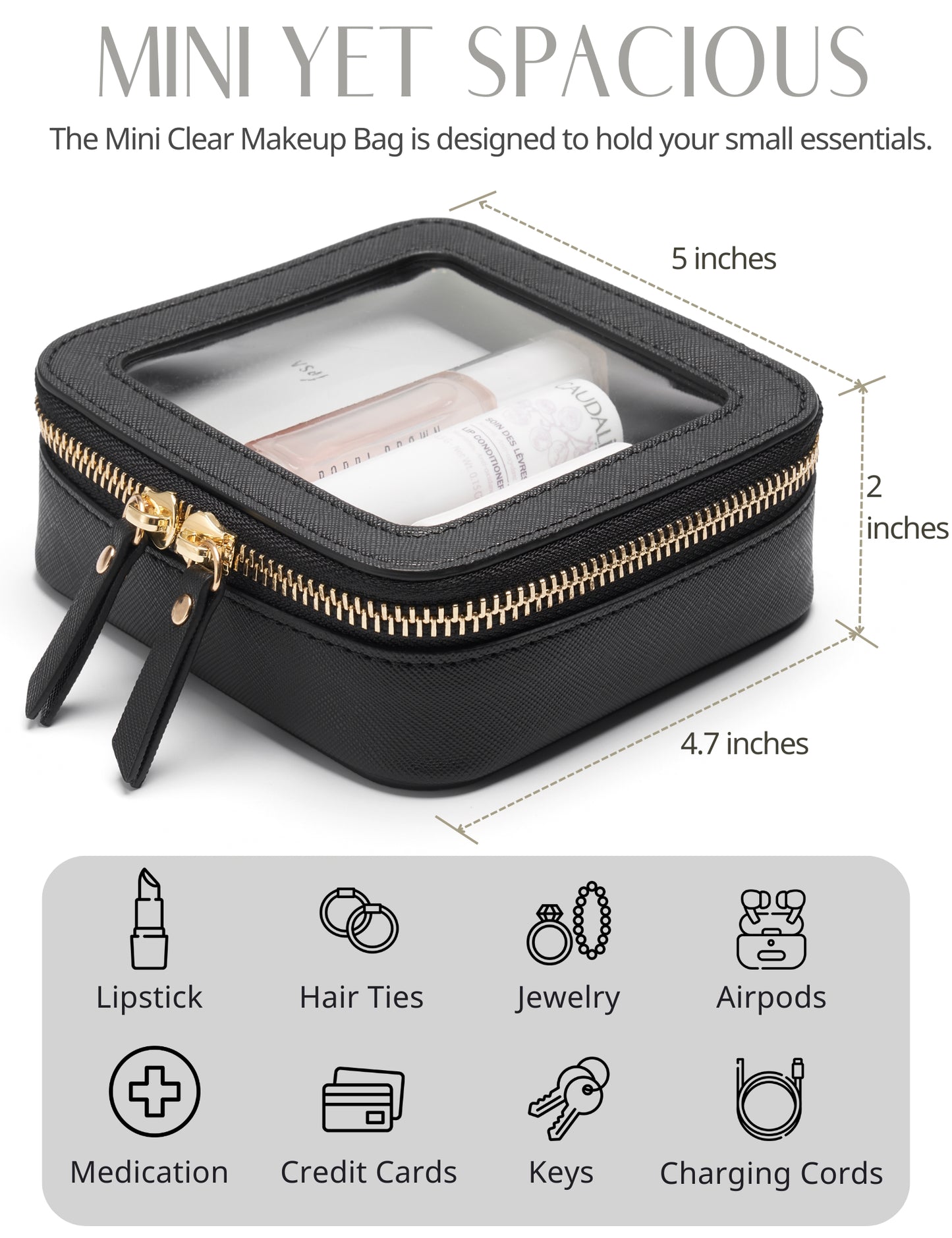 Popvibe Clear Makeup Bag, Mini,Black